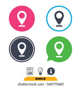 Internet mark icon. Navigation pointer symbol. Position marker sign. Report document, information sign and light bulb icons. Vector