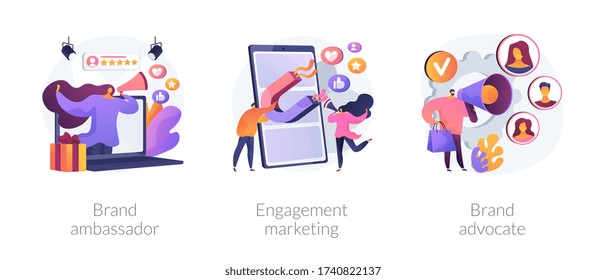 Internet marketing abstract concept vector illustration set. Brand advocate and ambassador, engagement marketing, brand representative, trademark, smm marketing strategy, awareness abstract metaphor.