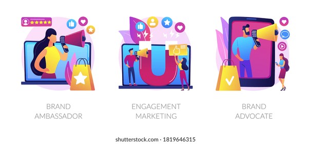 Internet marketing abstract concept vector illustration set. Brand advocate and ambassador, engagement marketing, brand representative, trademark, smm marketing strategy, awareness abstract metaphor.