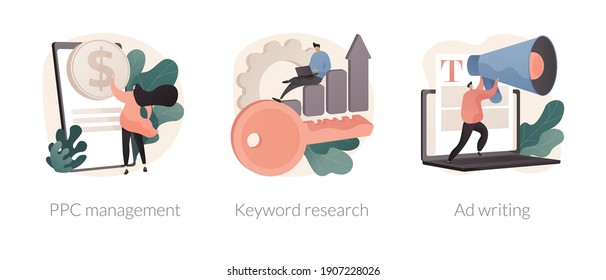 Internet marketing abstract concept vector illustration set. PPC management, keyword research, Ad writing, online ad campaign, digital agency, website ranking, advertising seo abstract metaphor.