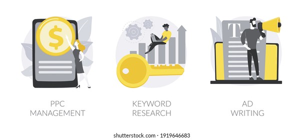 Internet marketing abstract concept vector illustration set. PPC management, keyword research, Ad writing, online ad campaign, digital agency, website ranking, advertising seo abstract metaphor.