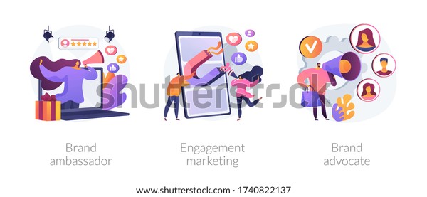 Internet marketing abstract concept vector
illustration set. Brand advocate and ambassador, engagement
marketing, brand representative, trademark, smm marketing strategy,
awareness abstract
metaphor.