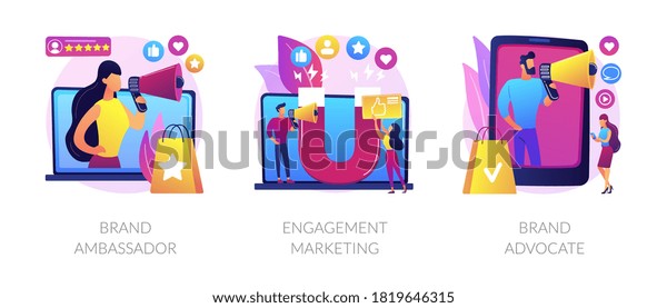 Internet marketing abstract concept vector\
illustration set. Brand advocate and ambassador, engagement\
marketing, brand representative, trademark, smm marketing strategy,\
awareness abstract\
metaphor.