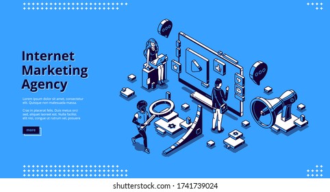 Internet marketing agency banner. Strategy of promotion and advertising company in social media and web. Vector landing page with isometric working people, computer and megaphone