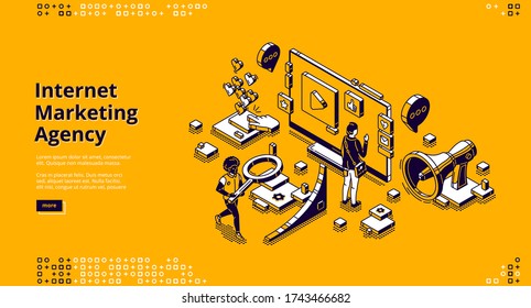 Internet marketing agency banner. Strategy of promotion and advertising company in social media and web. Vector landing page with isometric working people, computer and megaphone