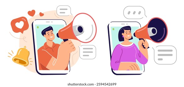Internet marketing to attracting audience from social media. Blogger with megaphone making advertising campaign
