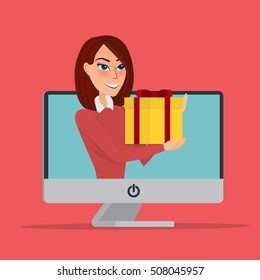 Internet Marketing. Beautiful woman gives a gift peering monitor. Business cartoon concept. Vector creative color illustrations flat design in flat modern style.