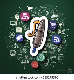 Internet marketing collage with icons on blackboard. Vector illustration