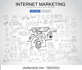 Concepto de marketing en Internet con diseño de Doodle para empresas: carros en línea, ventas y ofertas, mejor momento. Ilustración de estilo moderno para banners web, folletos y volantes.