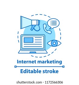 Internet marketing concept icon. Online advertising idea thin line illustration. SMM. Social media marketing. Vector isolated outline drawing. Editable stroke