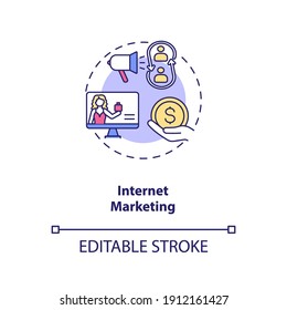 Internet marketing concept icon. Online business manager. Promotion, advertisement. Virtual assistant idea thin line illustration. Vector isolated outline RGB color drawing. Editable stroke