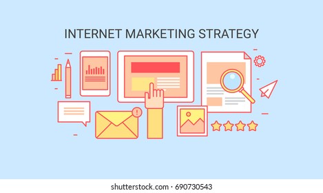 Internet marketing, digital marketing, business strategy, SEO marketing, social media advertising and email campaign flat line vector illustration with icons