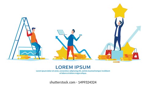 Internet Marketing Growth from Startup to Successful Business Company. Businessmen Characters at Different Stages of Development - Low and High Profit and Feedback Level. Flat Vector Illustration.