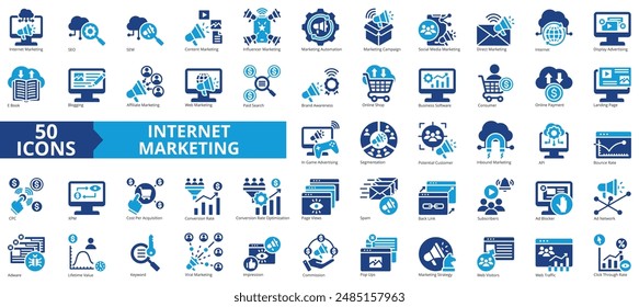 Internet marketing icon collection set. Containing seo, sem, content, influencer, campaign, social media, automation icon. Simple flat vector.