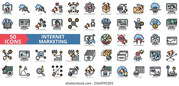 Internet marketing icon collection set. Containing seo, sem, content, influencer, campaign, social media, automation icon. Simple flat outline vector illustration