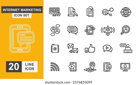 Internet marketing icon set. Advertisement, analyzing, research, connection, communication and more line icon