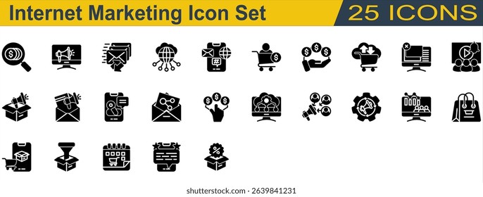 Internet Marketing Icon Set. Containing Affiliate Marketing,Commission,Cpa,Ecommerce,Email Marketing,Feedback,Internet,Keyword,Marketing Automation. Solid Style