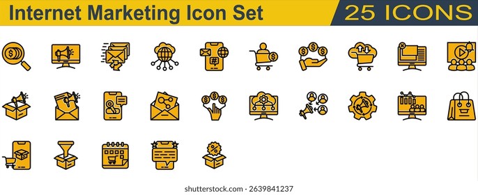 Internet Marketing Icon Set. Containing Affiliate Marketing,Commission,Cpa,Ecommerce,Email Marketing,Feedback,Internet,Keyword,Marketing Automation. Color Lineal Solid Style