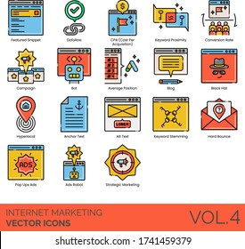 Internet marketing icons including featured snippet, dofollow, CPA, keyword proximity, campaign, bot, average position, black hat, hyperlocal, anchor text, alt, stemming, hard bounce, popup, ads robot