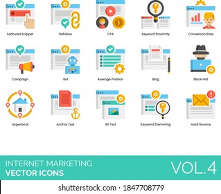 Internet marketing icons including featured snippet, dofollow, CPA, keyword proximity, conversion rate, campaign, bot, average position, blog, black hat, hyperlocal, anchor text, stemming, hard bounce