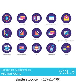 Internet marketing icons including hyperlocal, anchor text, alt, keyword stemming, hard bounce, analytics, traffic up, down, CMS, domain name, dynamic website, hit, link authority, ping.