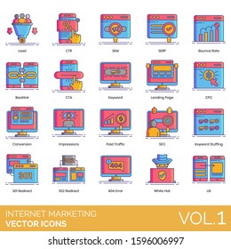 Internet marketing icons including lead, CTR, SEM, SERP, bounce rate, backlink, CTA, keyword, landing page, CPC, conversion, paid traffic, SEO, stuffing, 301 redirect, 302, 404 error, white hat, UX.