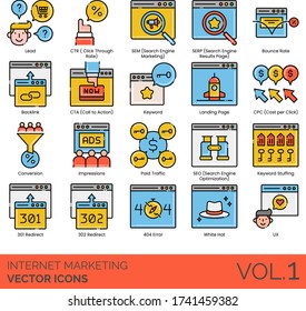 Internet marketing icons including lead, CTR, SEM, SERP, bounce rate, backlink, CTA, landing page, CPC, conversion, impression, paid traffic, SEO, keyword stuffing, 302 redirect, 404 error, white hat.