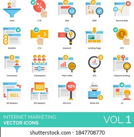 Internet marketing icons including lead, CTR, SEM, SERP, bounce rate, backlink, CTA, landing page, CPC, conversion, impression, paid traffic, SEO, keyword stuffing, redirect, 404 error, white hat, UX.