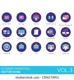 Internet marketing icons including meta description, tags, map pack, lookalike audiences, LSI, latent semantic indexing, content, keyword density, primary, hyperlink, hreflang, HTTPS, HTTP, heatmap.