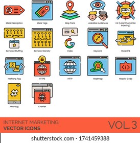 Internet marketing icons including meta description, tag, map pack, lookalike audiences, LSI, keyword stuffing, density, index, hyperlink, hreflang, HTTPS, HTTP, heatmap, header code, hashtag, crawler