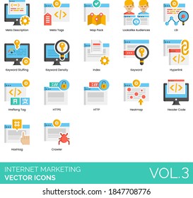 Internet marketing icons including meta description, tag, map pack, lookalike audiences, LSI, keyword stuffing, density, index, hyperlink, hreflang, HTTPS, HTTP, heatmap, header code, hashtag, crawler