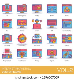 Internet Marketing Icons Including UI, Title Tag, Spider, Spam, Slug, Sitemap, Session, SERP, Schema Markup, Robot Txt, Remarketing, Canonical, Referral, Redirect, Reciprocal Link, Penalty, Organic.
