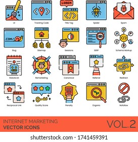 Internet Marketing Icons Including UI, Tracking Code, Title Tag, Spider, Spam, Slug, SERP, Schema Markup, Robot Txt, Remarketing, Canonical, Referral, Redirect, Reciprocal Link, Quality Score, Penalty