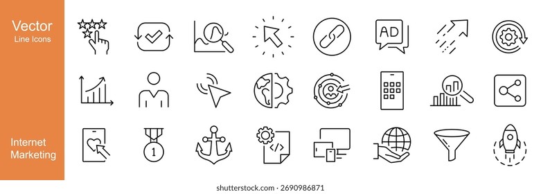 Internet-Marketing-Symbole - Vektorlinien-Symbole. Bearbeitbarer Strich.