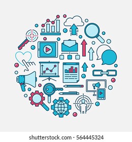 Internet marketing illustration. Vector round colorful business marketing symbol made with blue and red flat icons