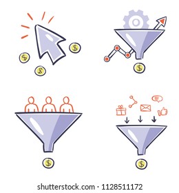 Instrumentos de marketing en Internet - ilustraciones de diseño a mano. Conjunto vectorial de conceptos de conversión, optimización e infografía de generación de plomo.