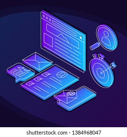 Internet marketing isometric color vector illustration. Search optimization linear icons infographic. SEO strategy. Website ranking 3d concept. Online analytics web design on purple background