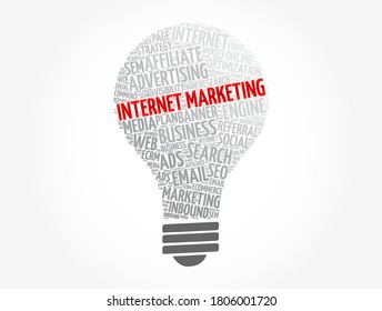 Internet marketing light bulb word cloud, business concept background