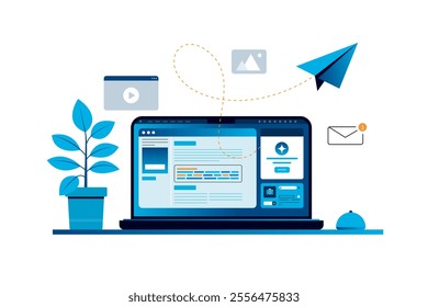 Internet marketing, mailing of information.Laptop. Data exchange. Sending messages. Filling out a questionnaire on the site.