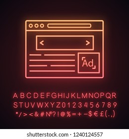Internet marketing neon light icon. Display ads. Contextual advertising. Online targeted advertising. Native advertisement. Website, webpage. Glowing alphabet, numbers. Vector isolated illustration