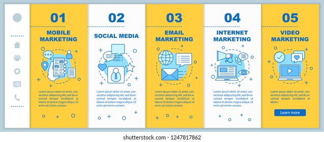 Internet Marketing Onboarding Mobile Web Pages Vector Template. Advertising. Social Media, Mobile, Video, Email, Video Marketing. Responsive Smartphone Website Interface. Webpage Walkthrough Screens