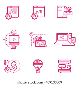 Internet marketing and online business red icons set. Modern line sign of advertising and finance. Logo concept in flat lines style for web graphics, website, app, design project. Vector illustration.