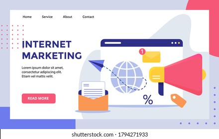 Internet marketing paper plane flying from globe on display monitor for web website home homepage landing page template banner with modern flat style