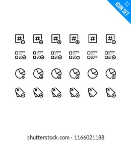 Internet Marketing Related Icon set. Contains such Icons as Hashtag, News Feed, Pie Chart, Tag. Vector Flat Icon Set in Line Style for Mobile application or Web site.