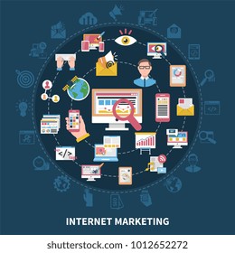 Internet marketing round composition on dark blue background with seo, advertising, graphic design, social networks vector illustration