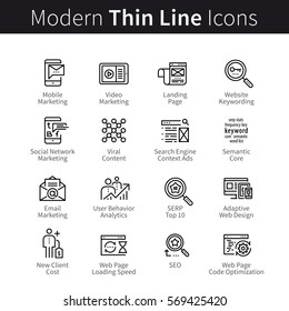 Internet marketing. SEO or Search Engine Optimization. Landing page web site keywords semantic, article, code & loading speed. Thin black line art icons. Linear style illustrations isolated on white.