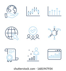 Internet, estadísticas de marketing e iconos de línea de gráficos de candelero establecidos. Certificado de Diploma, planeta salvado, grupo de personas. Gráfico de crecimiento, Indicadores de Fórmulas Químicas y Estadísticas. Vector