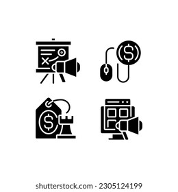 Internet marketing strategies black glyph icons set on white space. Pay per click. Best price for product. Online promotion. Silhouette symbols. Solid pictogram pack. Vector isolated illustration