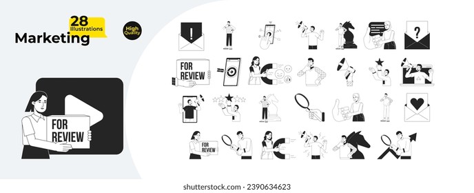 Internet marketing strategy black and white 2D illustration concepts bundle. Diverse marketers cartoon outline characters isolated on white. Feedback clients metaphor monochrome vector art collection