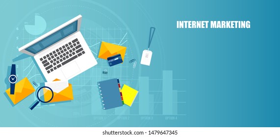 Internet Marketing. Vector Of A Workplace Of A Freelancer Conducting Socila Media Research 